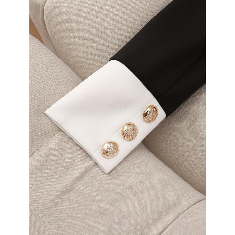 Elegant Black and White Contrast Color Suit Coat with Slim Fit Skirt Suit-Long Sleeves, Button Details, Stretch Fabric, Machine Washable-Perfect Match for Spring and Autumn Season